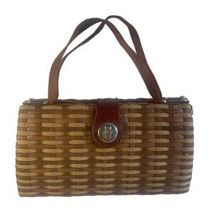 Wicker and Leather Basket Weave Purse Handbag Woven Vintage Hong Kong